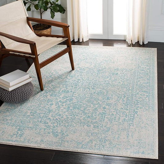 SAFAVIEH Evoke Collection Area Rug - 5'3" Square, Ivory & Aqua, Distressed Design, Non-Shedding & Easy to Clean, Ideal for Living Room, Bedroom, Dining Space (EVK256J)