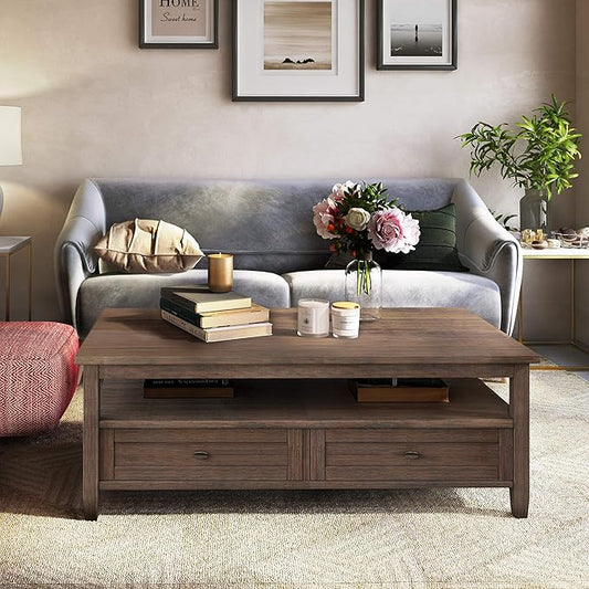SIMPLIHOME Warm Shaker Coffee Table - 48 inch Wide Solid Wood Cocktail Table in Farmhouse Brown, Transitional Living Room Table with 2 Storage Drawers and Open Shelf for Sitting Area or Lounge