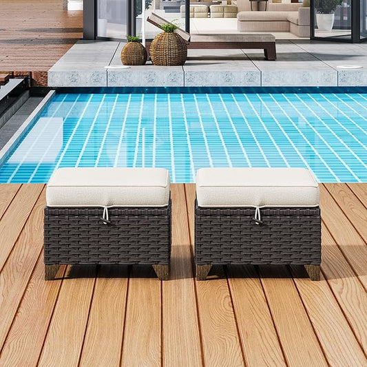 2 Pieces Patio Outdoor Ottomans with Removable and Washable Covers,PE Rattan Wicker Footstools for Porch, Garden, Sunroom (Beige)