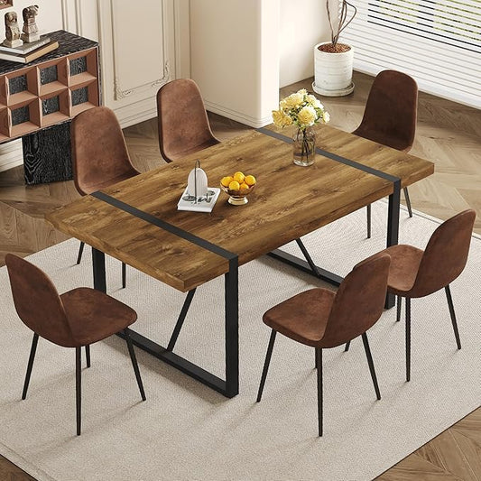 7 Piece Dining Table Set,Dinner Table Set for 6,71'' Dark Wood Kitchen Table and Suede Nap Fabic Chairs Set of 6,6 Chair Dining Table Set for Kitchen Dining Room