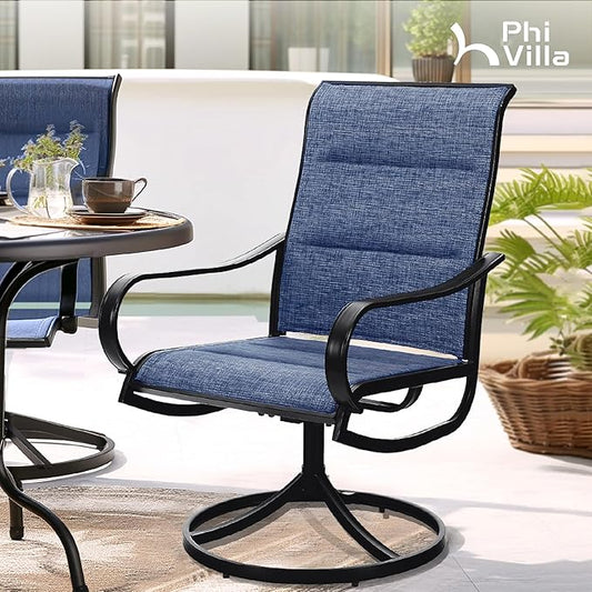 PHI VILLA Patio Swivel Dining Chairs Set of 2, All Weather Outdoor Chair with Padded Textilene & Black Metal Frame for Outdoor Lawn Garden Pooside (Blue)