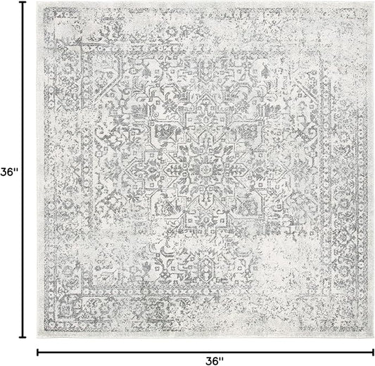 SAFAVIEH Evoke Collection Area Rug - 3' Square, Ivory & Grey, Distressed Design, Non-Shedding & Easy to Clean, Ideal for Foyer, Bedroom, Accent Space (EVK256F)