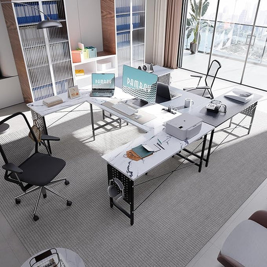 Pamray 71 Inch Large Computer Desk with Power Outlets,U Shaped Corner Desk for Home Office Work and Gaming Grey