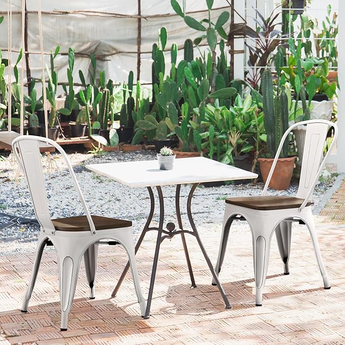 Yaheetech 18 Inch Classic Iron Metal Dining Chair with Wood Top/Seat Indoor-Outdoor Use Chic Bistro Cafe Side Barstool Bar Chair Distressed White, Set of 4