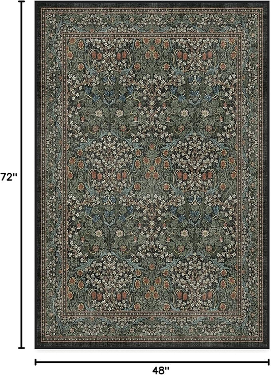 RUGGABLE x Morris & Co Washable Area Rug– Blackthorn Forest Green 4x6, Stain-Resistant, Non-Slip – Medium Machine Washable Rugs for Living Room, Bedroom, Hallway, Entryway & Office–with Cushioned Pad