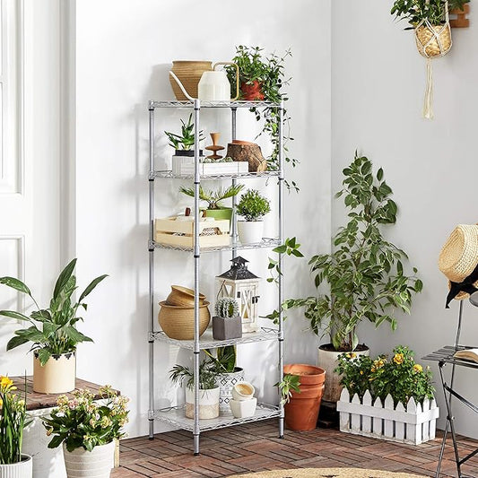 SONGMICS 5-Tier Storage Shelves, Wire Shelving Unit, Kitchen Metal Shelves, Storage Rack with Adjustable Shelves, Shelf Liners, 8 Hooks, for Garage, 11.8 x 15.7 x 47.6 Inches, Silver ULGR115E01