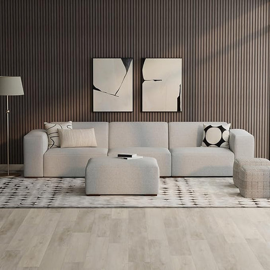 SIMPLIHOME Rex Modular Sofa and Ottoman Set in 100% Recycled Polyester Tightly Woven Performance Fabric, Pale Grey, 122-inch-wide 3-Seater Couch and Matching 34-inch-wide Ottoman for Living Room