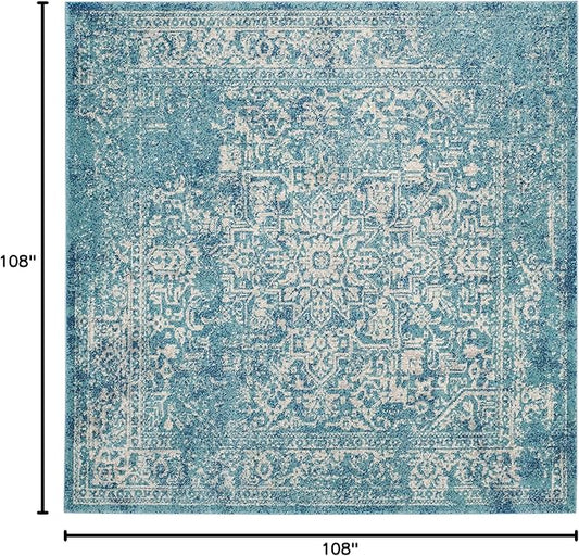 SAFAVIEH Evoke Collection Area Rug - 9' Square, Blue & Ivory, Distressed Design, Non-Shedding & Easy to Clean, Ideal for Living Room, Bedroom, Dining Space (EVK256C)
