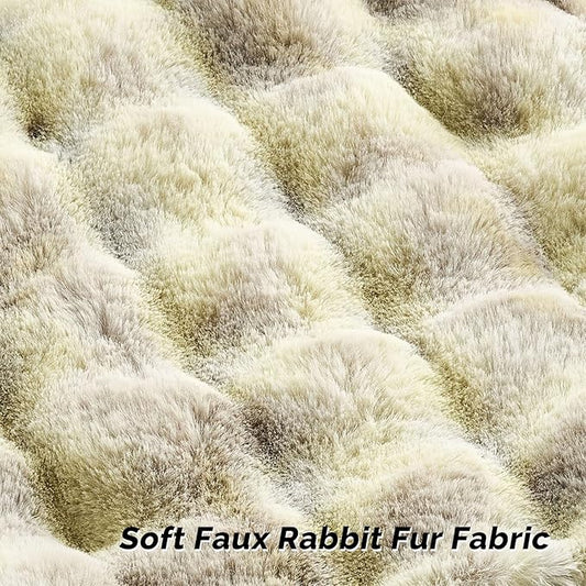 FUTEI Green White Decorative Throw Pillow Covers 26x26 Inch Set of 2,Soft Fuzzy Faux Rabbit Fur Euro Pillow Shams with Raised Texture,Neutral Boho Home Decor for Couch Bed Living Room