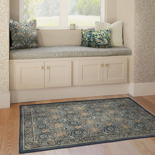 RUGGABLE x Morris & Co Washable Area Rug – Honeysuckle & Tulip Blue 3x5, Stain-Resistant, Non-Slip – Small Machine Washable Rugs for Living Room, Bedroom, Hallway, Entryway & Office–with Standard Pad