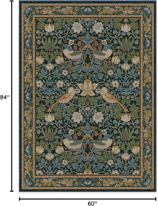 RUGGABLE x Morris & Co Washable Area Rug – Strawberry Thief Indigo 5x7, Stain-Resistant, Non-Slip – Medium Machine Washable Rugs for Living Room, Bedroom, Hallway, Entryway & Office–with Standard Pad