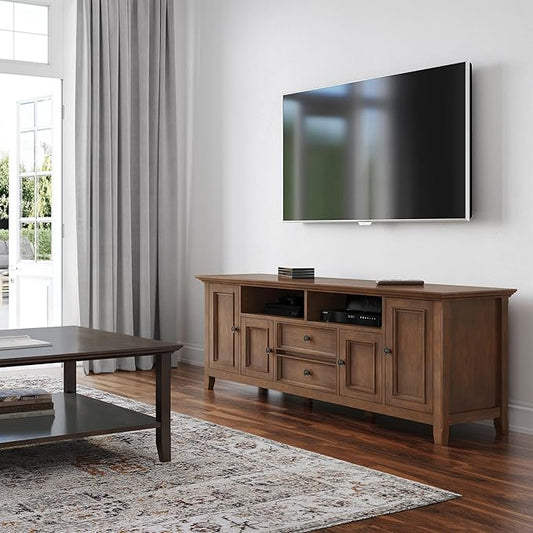 SIMPLIHOME Amherst 72-inch Wide Solid Wood TV Stand in Rustic Natural Aged Brown, Transitional-Style Media Console for Living Room with Cable Management and Adjustable Shelves, Fits 80" TVs