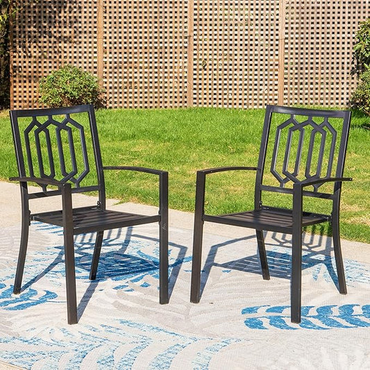 PHI VILLA Set of 2 Stackable Wrought Iron Patio Dining Chairs, Portable Black Outdoor Bistro Deck Metal Chairs, Support 300 lbs, Ideal for Garden, Backyard, Lawn