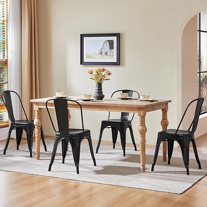 Yaheetech Metal Dining Chairs Set of 4, Industrial Stackable Kitchen Chairs with Back for Dining Room/Restaurant/Bistro/Patio, Indoor & Outdoor Use, Matte Black
