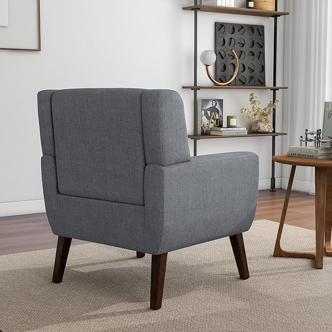 Accent Chair, Mid-Century Modern Fabric Chairs with Arms for Living Room, Comfy Upholstered Club Single Sofa Armchair for Bedroom Waiting Room with Solid Wood Frame (Fabric Grey, Set of 1)
