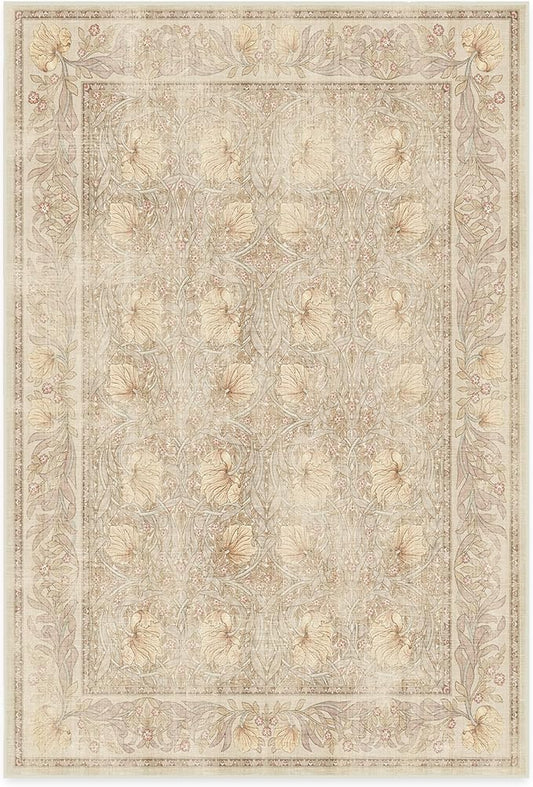 RUGGABLE x Morris & Co Washable Area Rug– Pimpernel Vintage Stone 6x9, Stain-Resistant, Non-Slip – Medium Machine Washable Rugs for Living Room, Bedroom, Hallway, Entryway & Office–with Cushioned Pad