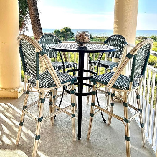 PURPLE LEAF French Counter Height Bar Stool Set of 2 25" White Print Finish Patio Bar Chairs with Back Rattan Bar Chairs French Bistro Set for Kitchen Outdoor Counter Stool Light Blue