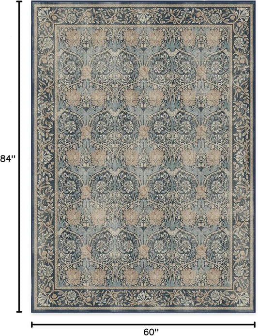 RUGGABLE x Morris & Co Washable Area Rug– Honeysuckle & Tulip Blue 5x7, Stain-Resistant, Non-Slip – Medium Machine Washable Rugs for Living Room, Bedroom, Hallway, Entryway & Office–with Standard Pad