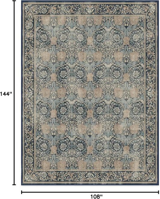 RUGGABLE x Morris & Co Machine Washable Area Rug – Honeysuckle & Tulip Blue 9x12, Stain-Resistant, Non-Slip – Large Rugs for Living Room, Bedroom, Hallway, Entryway & Office–with Cushioned Pad