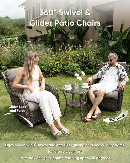 HUMMUH 6-Piece Outdoor Wicker Patio Furniture Set with Swivel Glider Chairs, Loveseat & Ottomans 5” Olefin Cushions Ergonomic Neck-Lumbar Backrest All-Weather Rattan for Garden, Deck, Porch