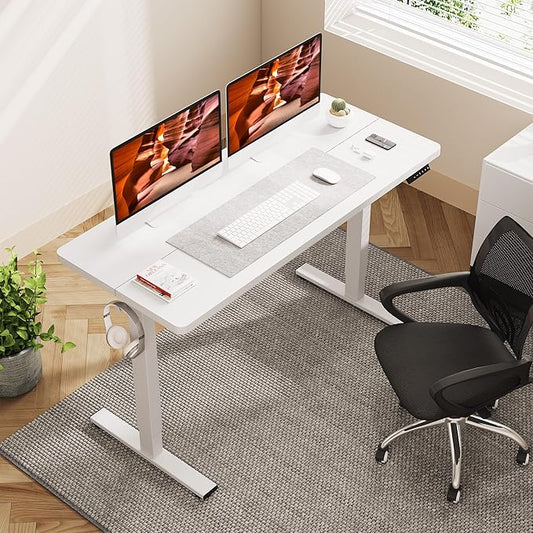 Adjustable Stand Up Desk with Memory Preset, 55 x 24 Inch Standing Desks Electric Desk for Home Office with Splice Board (White)