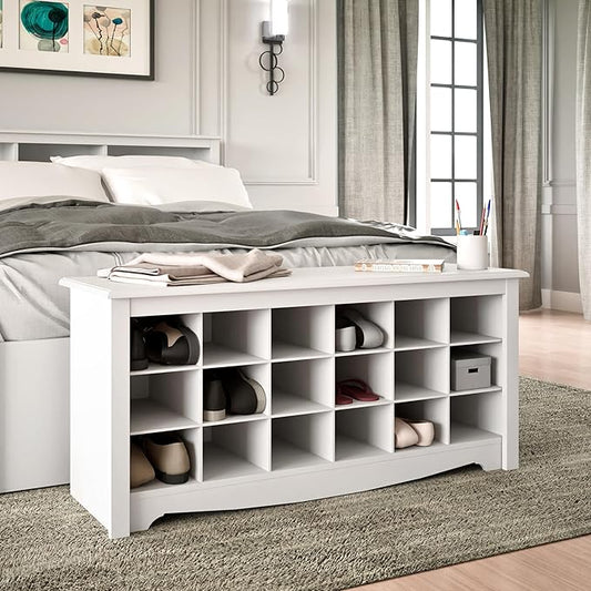 Prepac White Shoe Cabinet, Entryway Bench, Mud Room Organization and Storage Bench with 18 Shoe Cubbies 16"D x 48"W x 24"H