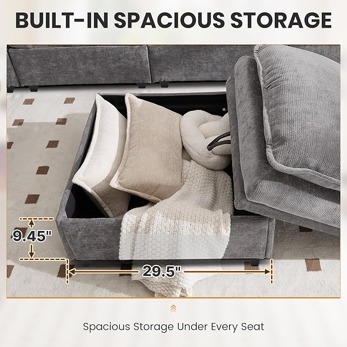 130" U Shaped Modular Sectional Sofa, Couch with Ottoman Storage, Chenille Cloud Couch with Plush Deep Seating for Living Room, Bedroom (9 Seat, Light Grey)