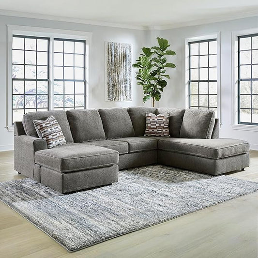 Signature Design by Ashley O'Phannon Casual Right-Arm Facing Herringbone Chenille 2-Piece Sectional with Chaise, Loose Seat Cushions and 2 Throw Pillows, Gray