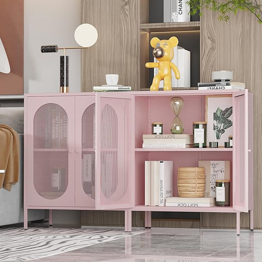 Display Cabinets with 2 Mesh Doors,Small Pantry Cabinet, Storage Closet with Adjustable Shelf and High Feet, Pink Cabinet for Home, Office, Living Room,Dining Room,Sideboard, Hallway and Entryway