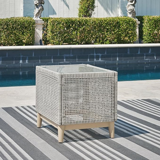 Signature Design by Ashley Seton Creek Contemporary Chic Outdoor All-Weather Resin Wicker End Table with Tempered Glass Tabletop, Gray & Light Brown