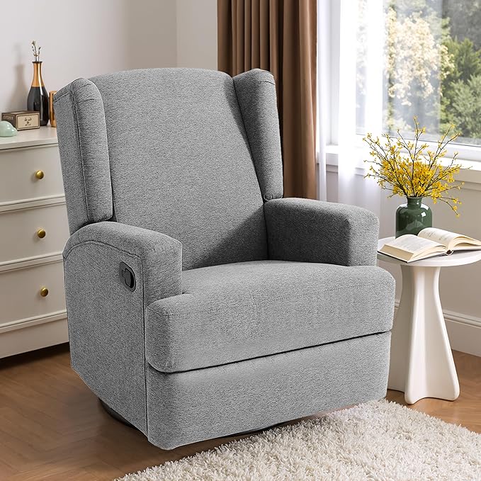 Swivel Glider Recliner Chairs Set of 2 for Adults - High Back Rocker Recliners with Deep Seat, Comfortable & Quiet Upholstered Fabric Armchairs for Living Room or Nursery, Manual Reclining-Light Gray