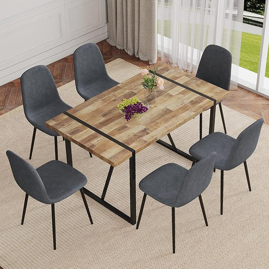 7 Piece Dining Table Set,Dinner Table Set for 6,55'' Kitchen Table and PU Leather Chairs Set of 6,6 Chair Dining Table Set for Kitchen Dining Room