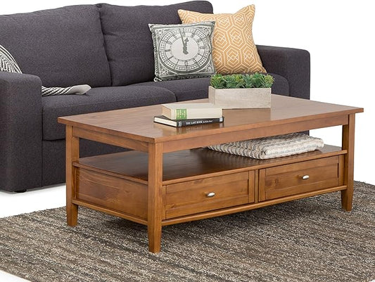 SIMPLIHOME Warm Shaker Coffee Table - 48 inch Wide Solid Wood Cocktail Table in Light Golden Brown, Transitional Living Room Table with 2 Storage Drawers and Open Shelf for Sitting Area or Lounge