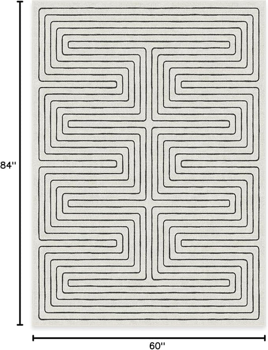 RUGGABLE x Jonathan Adler Machine Washable Modern Area Rug – Labyrinth Black/Ivory 5x7, Stain-Resistant, Non-Slip – Medium Rugs for Living Room, Bedroom, Hallway, Entryway & Office–with Cushioned Pad