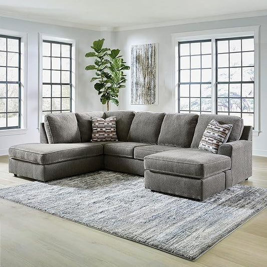 Signature Design by Ashley O'Phannon Casual Left-Arm Facing Herringbone Chenille 2-Piece Sectional with Chaise, Loose Seat Cushions and 2 Throw Pillows, Gray