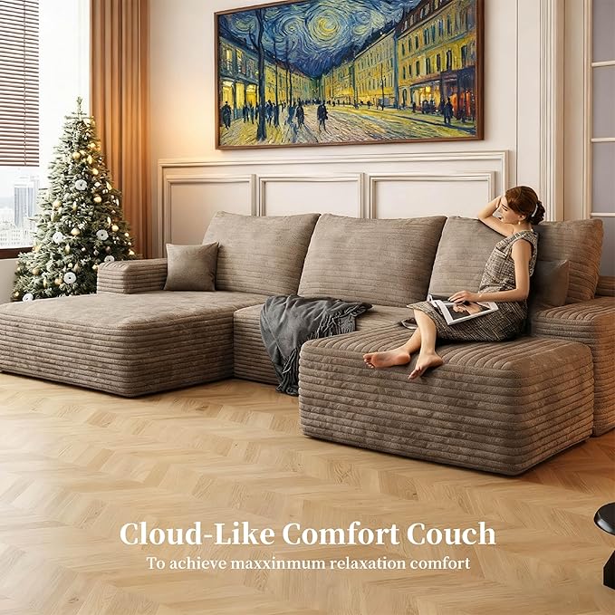 107.5" Compressed Boneless Couch with Ottoman, 2 Seater Large U Shaped Sectional Couches for Living Room, Camel Corduroy Cloud Modular Sectional Sofa, Memory Foam, No Assembly,Light Facing Chaise