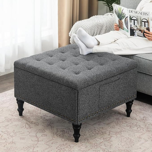 Square Ottoman with Storage Tufted Upholstered Storage Ottoman Square Coffee Table Ottomans with Legs 28’’ Large Fabric Footrest Ottomans Stool with Lift Top for Living Room Grey