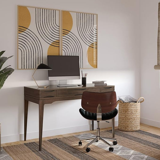 SIMPLIHOME Harper Small Desk - 48 inch Wide Solid Hardwood Writing Desk in Walnut Brown, Mid-Century Modern Home Office Table for Study or Work with 2 Drawers and Flip-Down Keyboard Tray