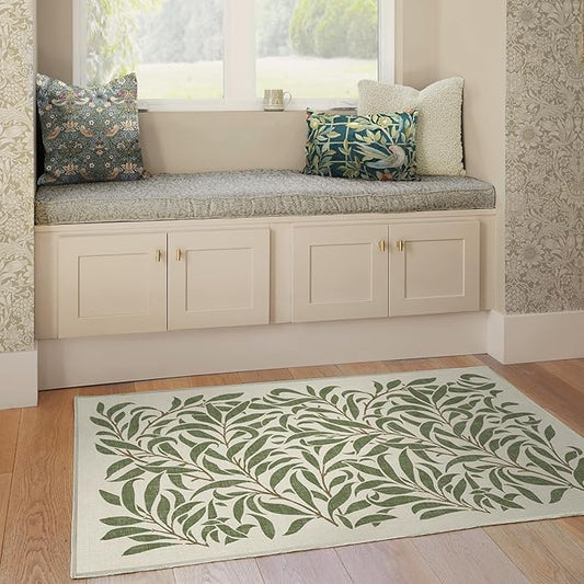 RUGGABLE x Morris & Co Washable Area Rug– Pure Willow Boughs Green 3x5, Stain-Resistant, Non-Slip – Small Machine Washable Rugs for Living Room, Bedroom, Hallway, Entryway & Office–with Cushioned Pad