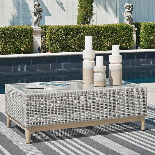Signature Design by Ashley Seton Creek Casual Resin Wicker Outdoor Coffee Table with Tempered Glass Tabletop, Light Gray & Light Brown