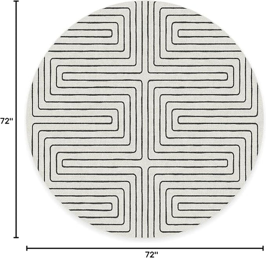 RUGGABLE x Jonathan Adler Machine Washable Area Rug – Labyrinth Black/Ivory 6 ft Round, Stain-Resistant, Non-Slip – Medium Rugs for Living Room, Bedroom, Hallway, Entryway & Office–with Standard Pad