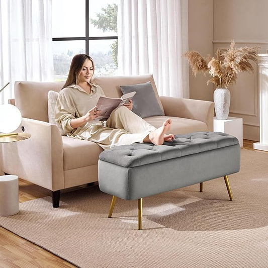 Yaheetech Ottoman with Storage 2pcs, Velvet Entryway Bench with Safety Hinge, Upholstered Bench with Seating for Bedroom, Living Room, Holds up to 519 lb, Gray