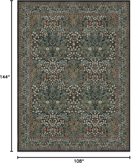 RUGGABLE x Morris & Co Washable Area Rug– Blackthorn Forest Green 9x12, Stain-Resistant, Non-Slip – Large Machine Washable Rugs for Living Room, Bedroom, Hallway, Entryway & Office–with Cushioned Pad