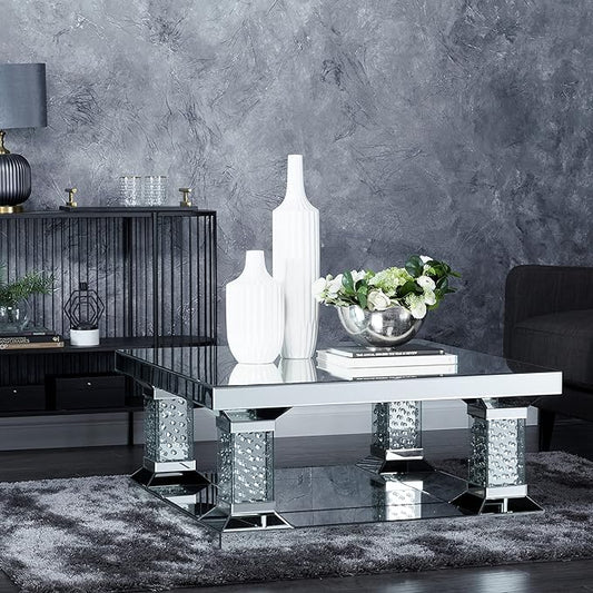 Deco 79 Wood Mirrored Coffee Table with Crystal Embellishments, 39" x 39" x 18", Silver