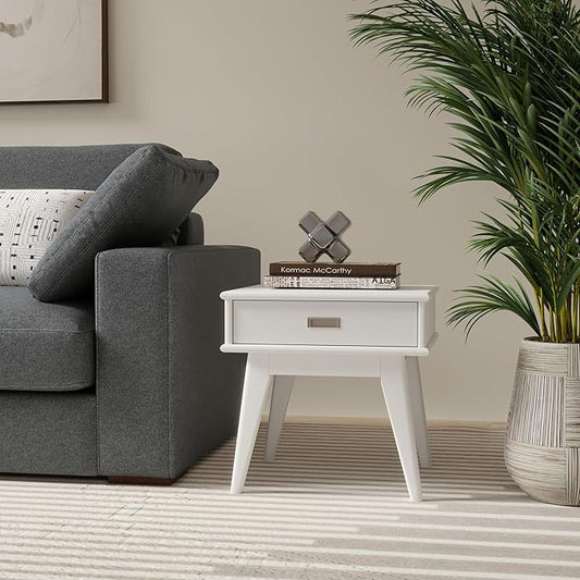 SIMPLIHOME Draper Solid Hardwood 22 inch Wide Rectangle Mid Century Modern End Table in White for The Living Room and Bedroom