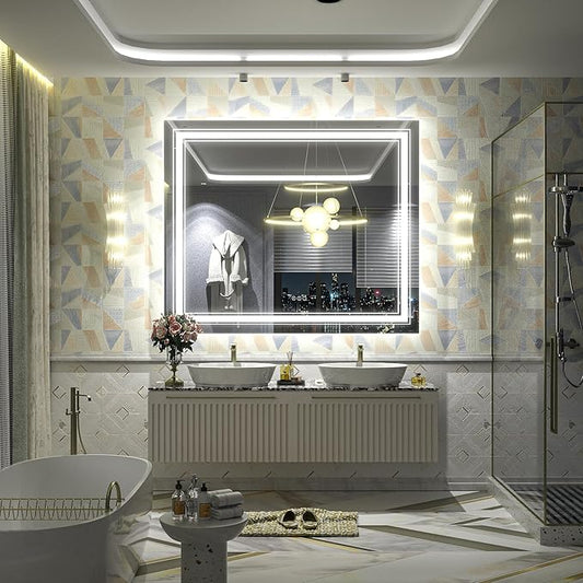 48x40 inch Large LED Bathroom Mirror, Lighted Vanity Mirror for Wall, Dimmable, Anti-Fog, Shatter-Proof, ETL Listed (Front Lights + Backlit)