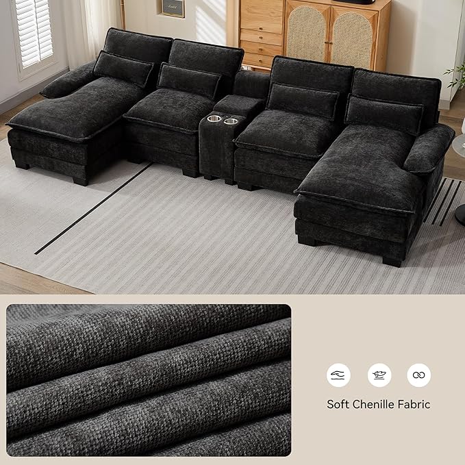 U Shaped Sectional Sofa with Storage Console, Cup Holders & USB Ports, Small Modular Cloud Couch with Deep Seats, Modern Comfy Living Room Sofa for Apartment, Chenille Black