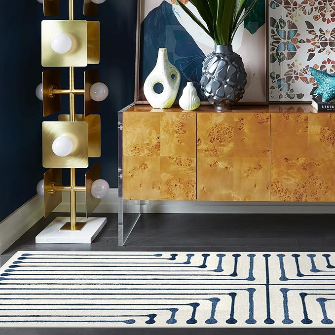 RUGGABLE x Jonathan Adler Machine Washable Modern Area Rug– Inkdrop Slate Blue 6 ft Round, Stain-Resistant, Non-Slip–Medium Rugs for Living Room, Bedroom, Hallway, Entryway & Office–with Standard Pad