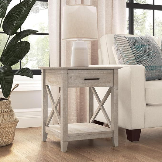 Bush Home End Table with Drawer, Nightstand with Storage, Living Room and Bedroom Furniture, Key West Collection, Washed Gray