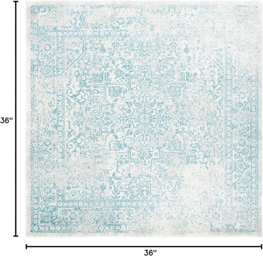 SAFAVIEH Evoke Collection Area Rug - 3' Square, Ivory & Aqua, Distressed Design, Non-Shedding & Easy to Clean, Ideal for Foyer, Bedroom, Accent Space (EVK256J)